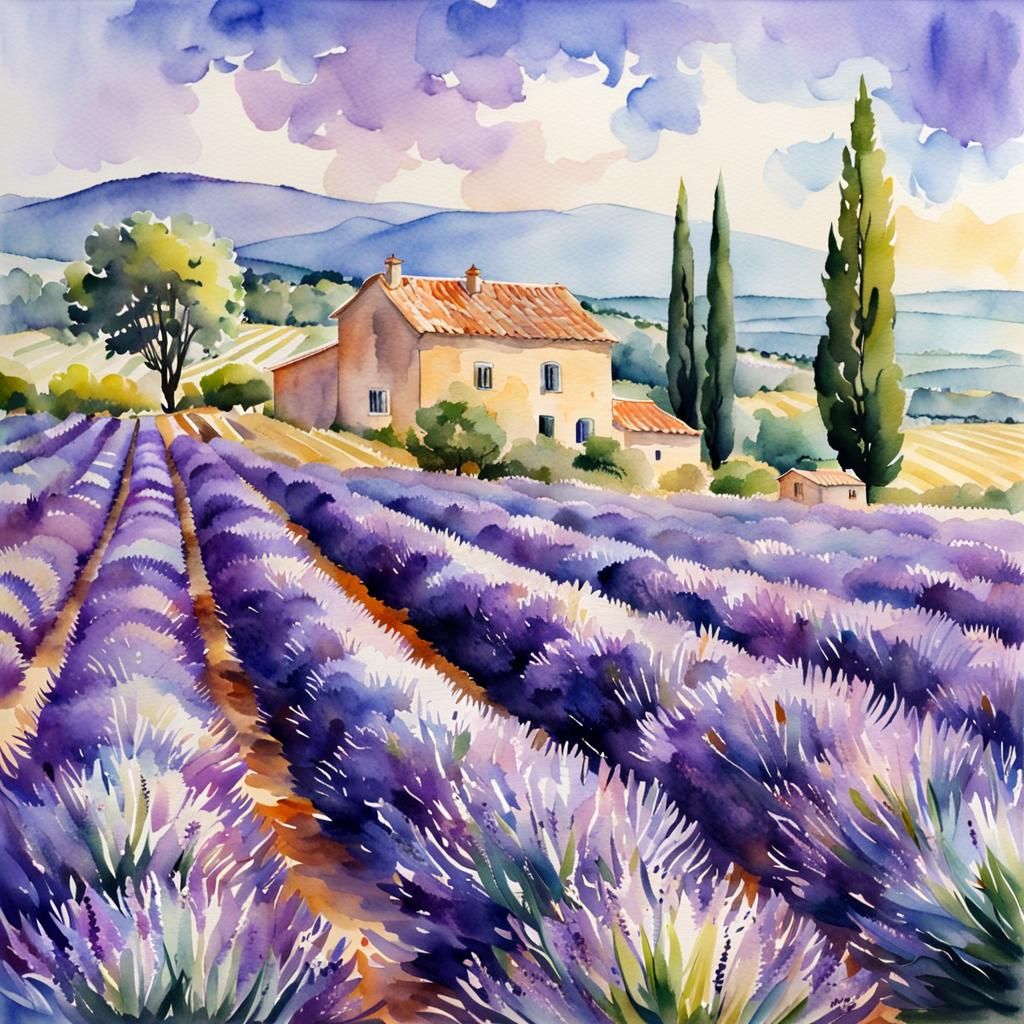Watercolor painting of lavender field in Provence