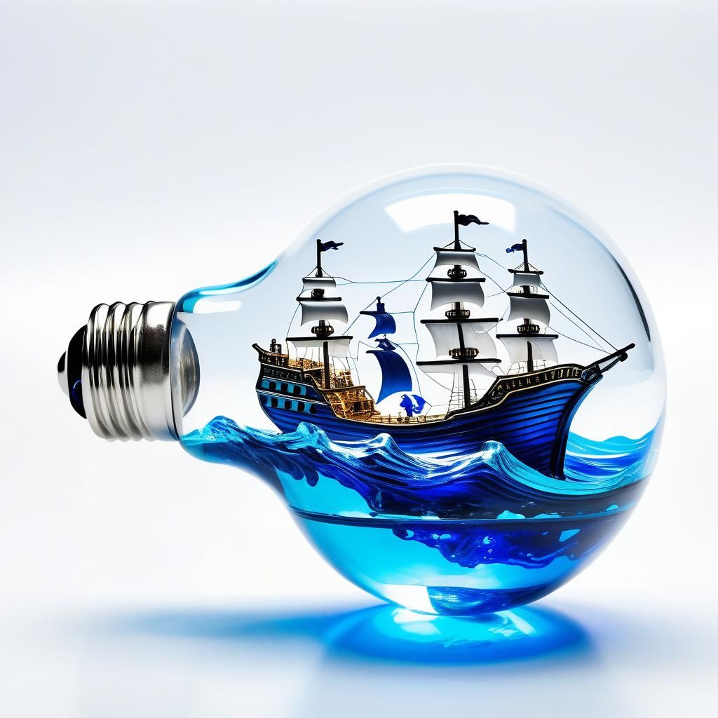 a clear glass light bulb laying on its side with a metallic base, inside the bulb there’s an ocean and waves with an ele...