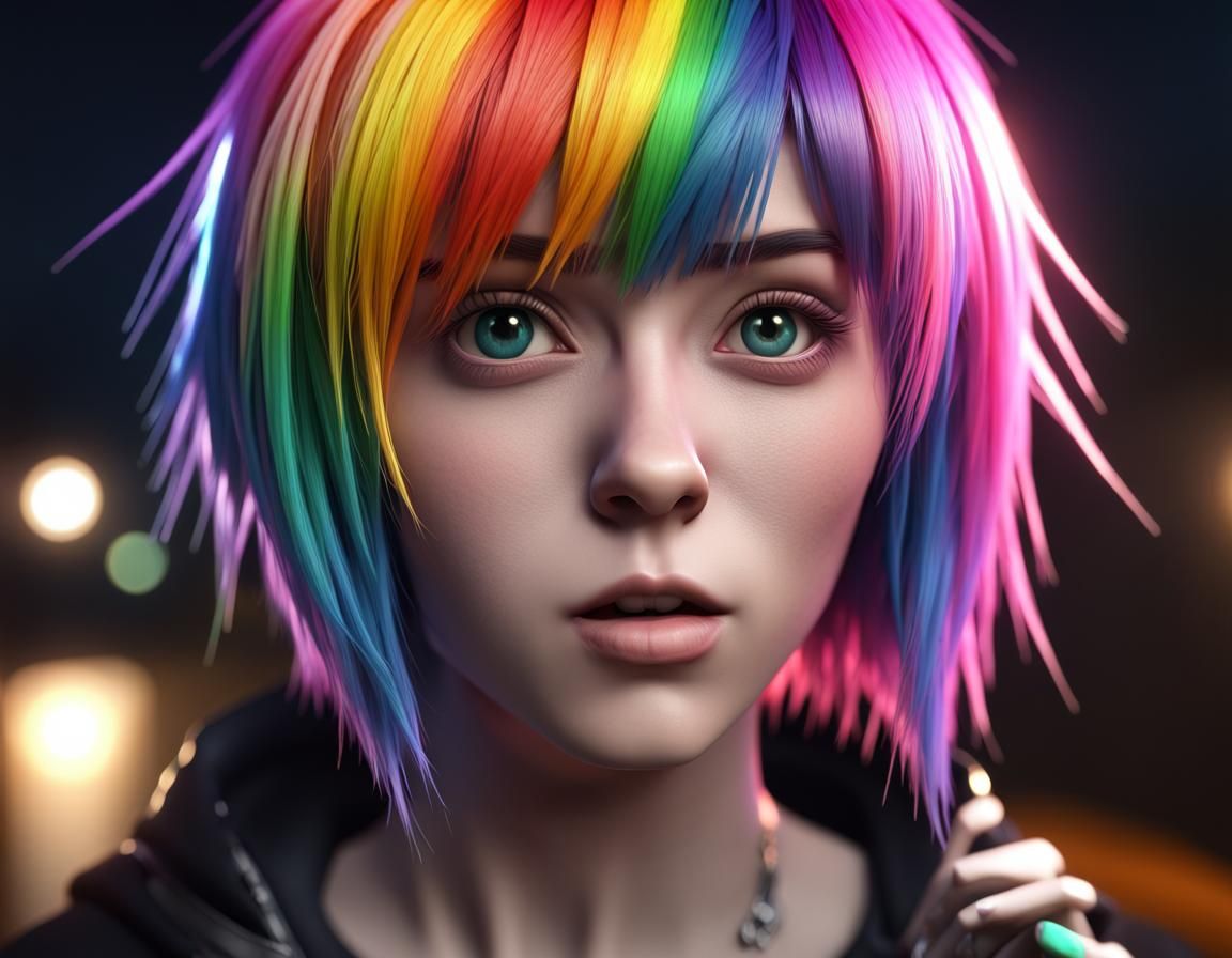 Rainbow Haired Anime Woman in Emo Punk Style