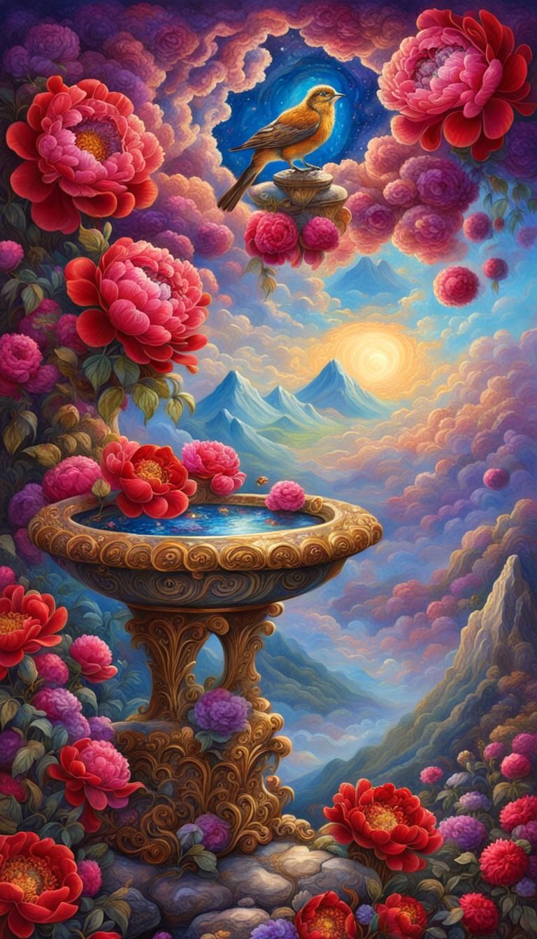 Enchanting Birdbath Scene in Dreamlike Landscape