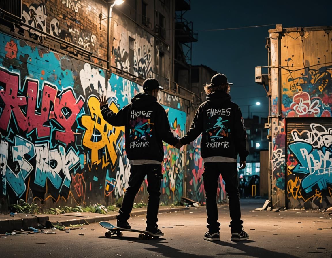 Skateboarders High-Fiving in Graffiti Back Alley