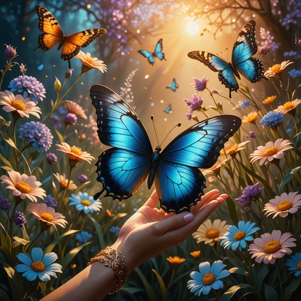 Whimsical Fantasy Art: Delicate Hand and Luminous Butterfly