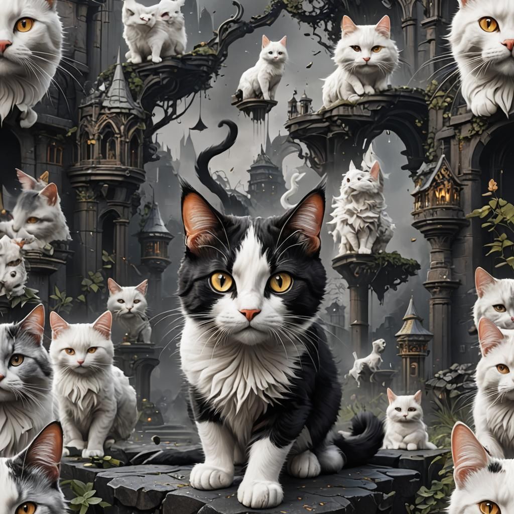 Detailed Black and White Cat: Fantasy Concept Art