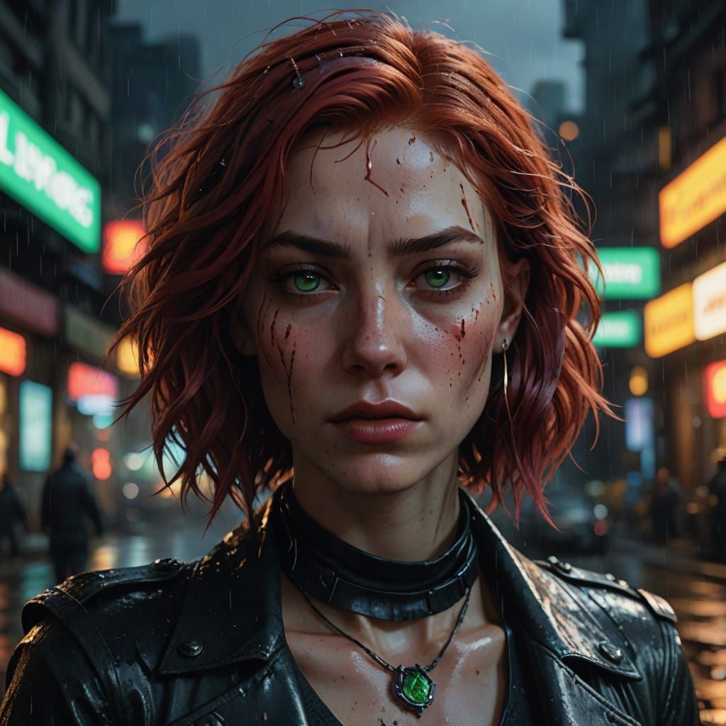 Serious Woman with Crimson Hair and Green Eyes Set Against a...