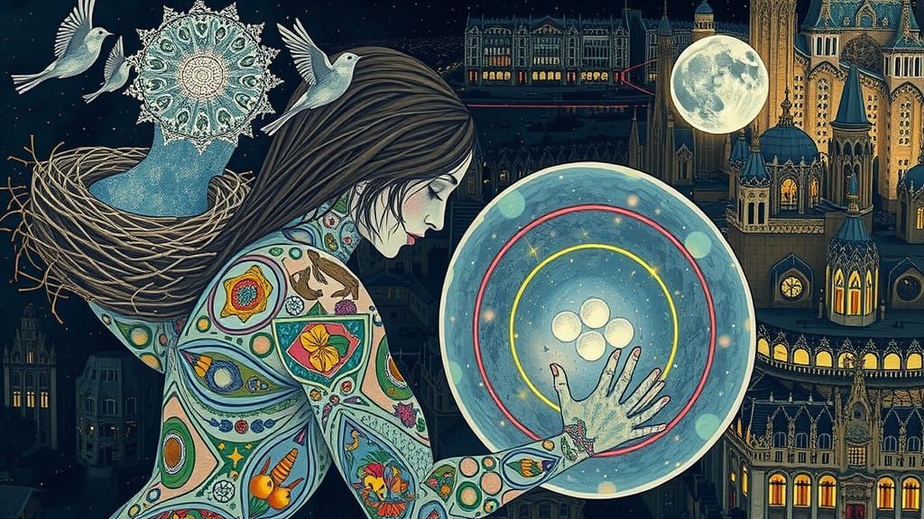 Bioluminescent Figure Above Vibrant Gaudi Cityscape