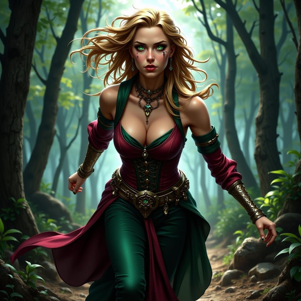 Renaissance-Inspired Woman Flees Through Misty Forest