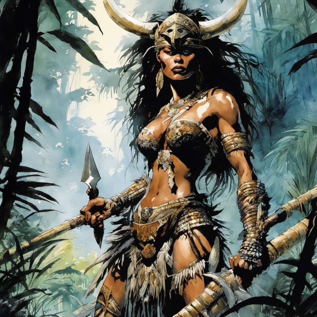 Tribal Voodoo Warrior Woman in Watercolor Comic Art