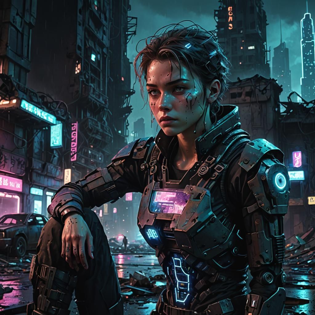 Dystopian Cyborg in Ruined Cyberpunk City