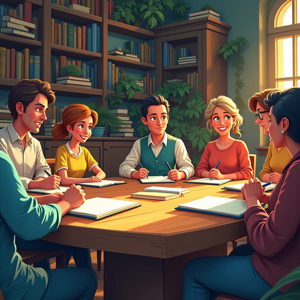 Teachers' Vibrant Discussion in Cartoon Style