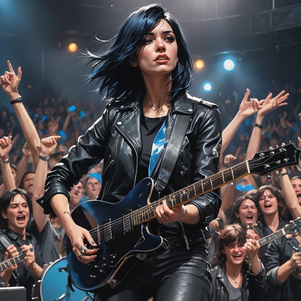 Girl with Guitar on Stage in Concert