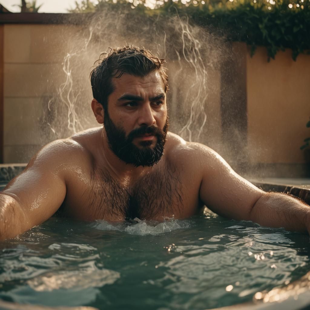Lebanese Man Relaxing in Hot Tub: Cinematic Film Still