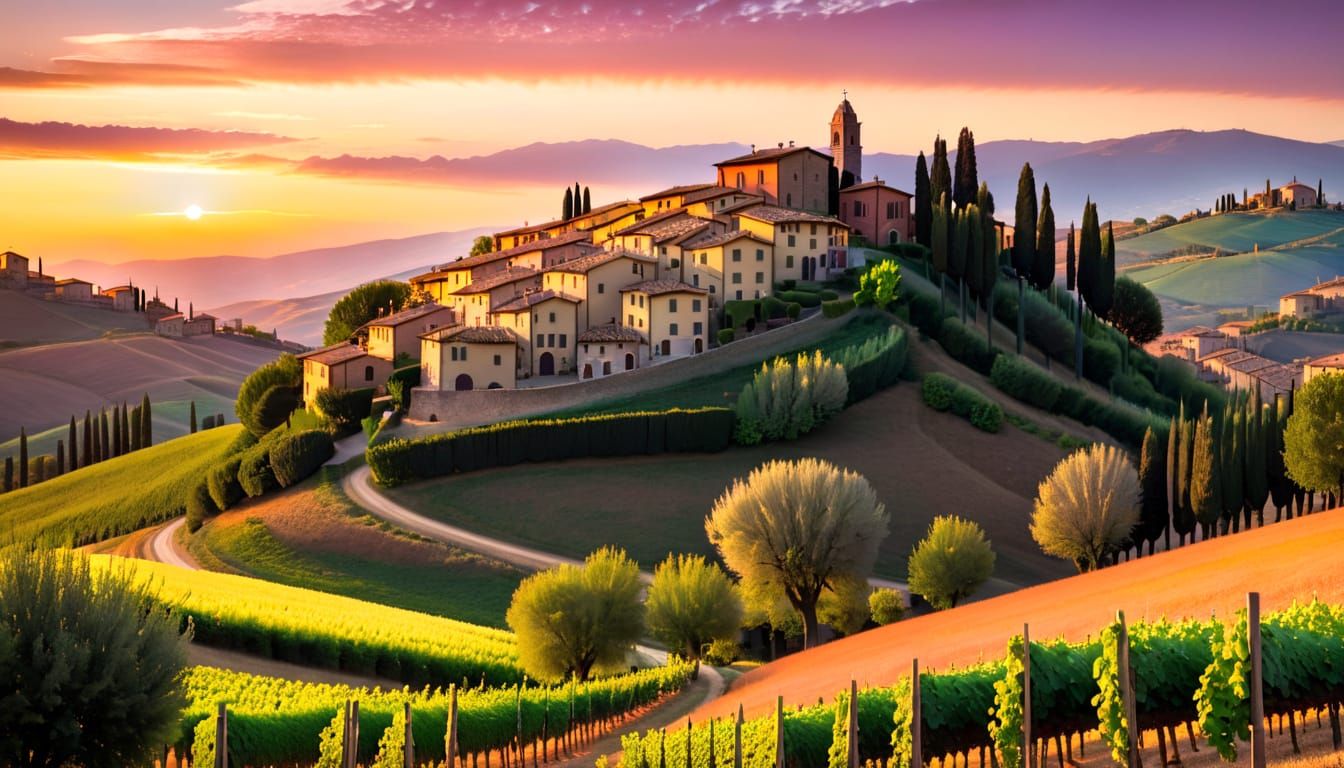 Tuscan Village Sunset Over Rolling Hills