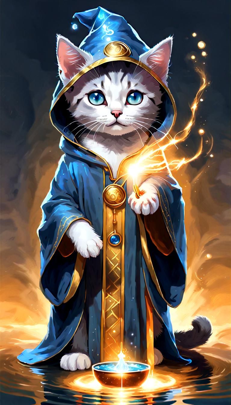 Kitten Wizard Casting a Fish Spell
