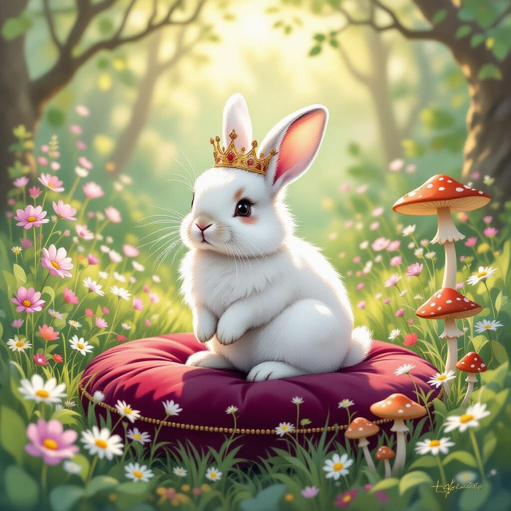 Fluffy Rabbit King on Velvet Cushion in Sunlit Glade