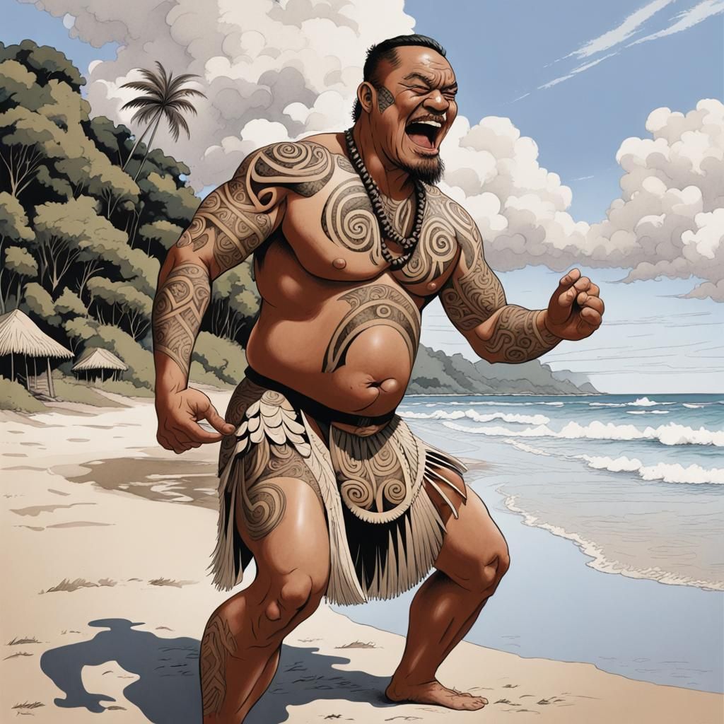 Proud Maori Man Haka on Tropical Beach