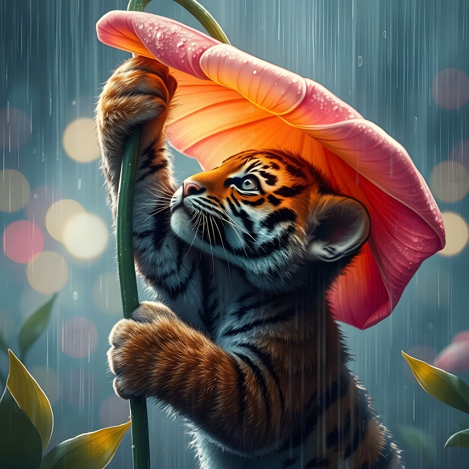 Tiny Tiger Cub Soaks in Rainy Scenery with a Shiny Flower Pe...
