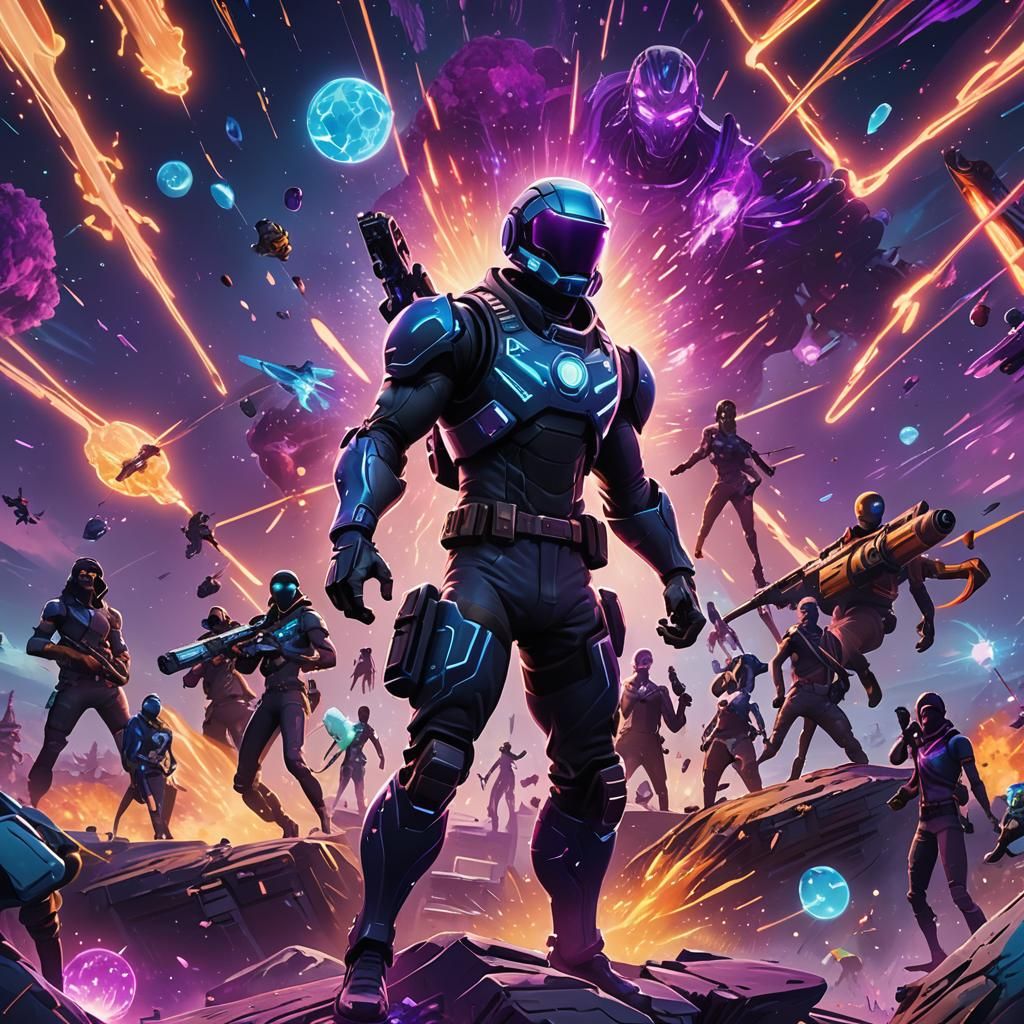 Neon Fortnite Characters in Cosmic Landscape Art