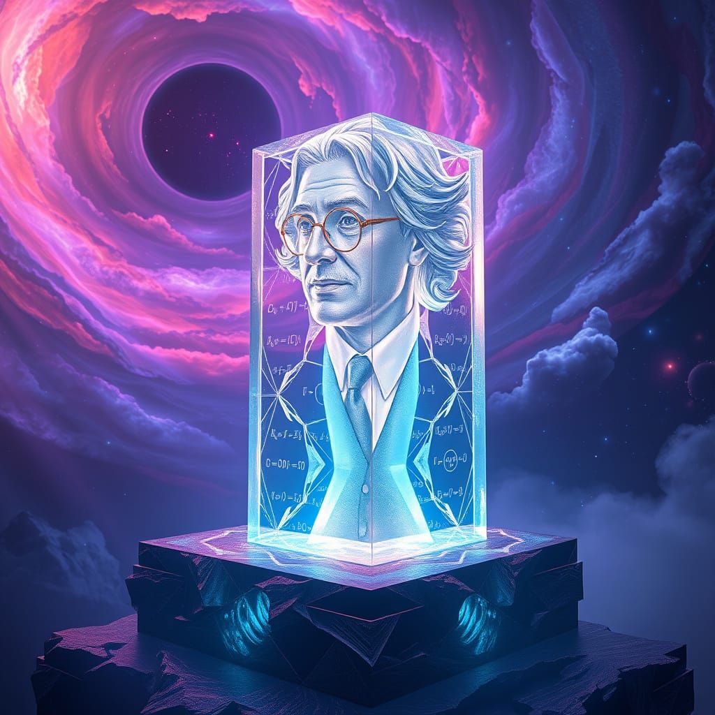 Shimmering Scientist Monument in Space, Cosmic Futurism