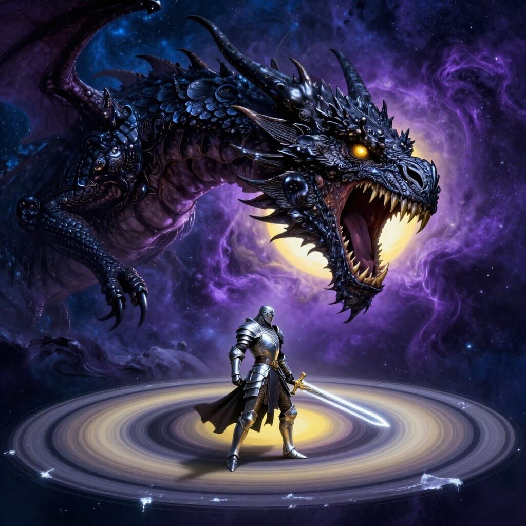 Cosmic Dragon Roars at Warrior on Saturn's Ring