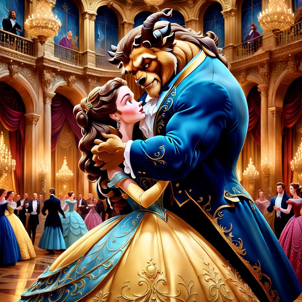 Belle and the Beast Ballroom Scene in Oil Painting Style