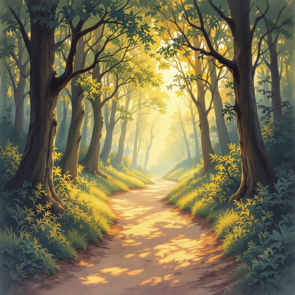 Sunlit Forest Path in Watercolor Style