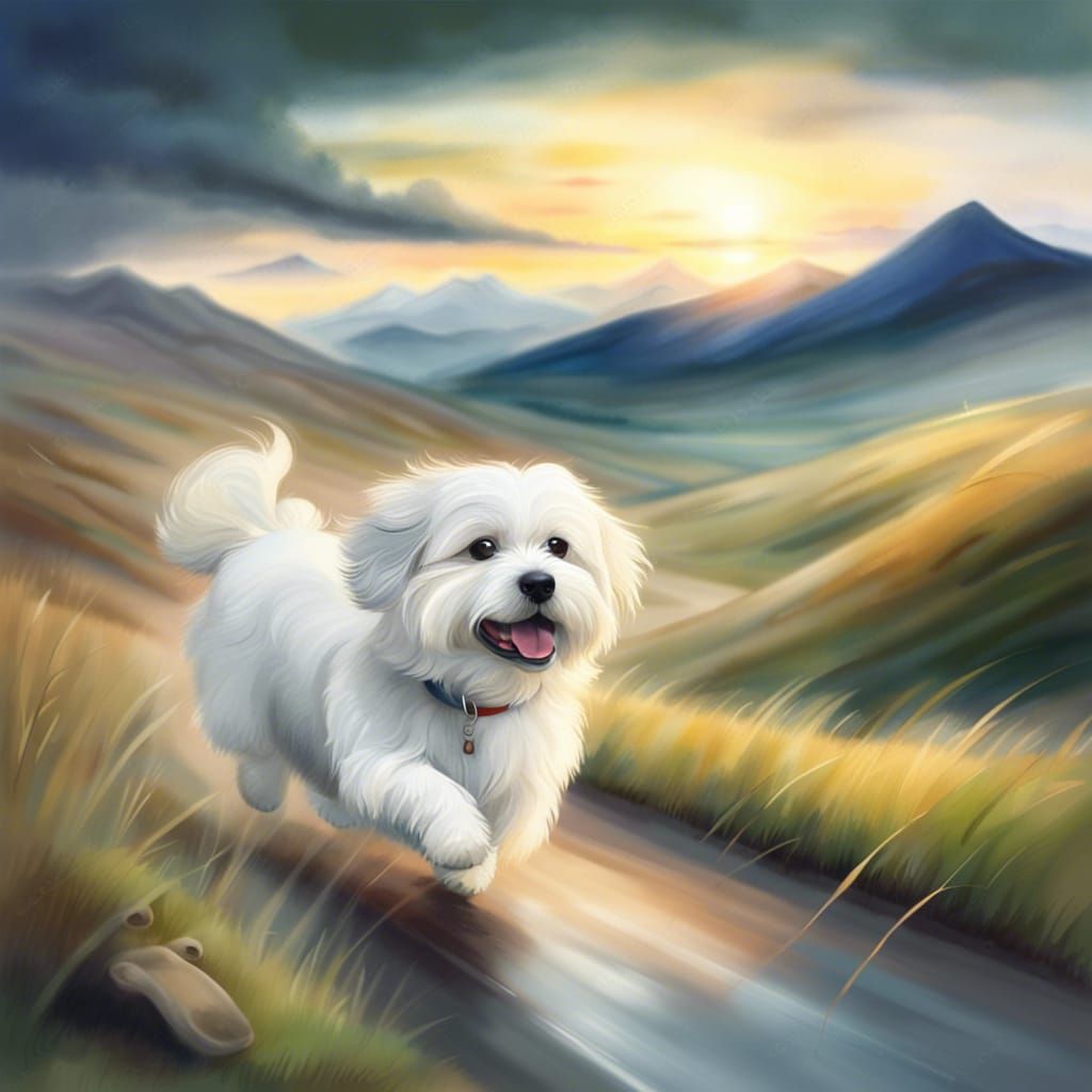 Playful Dogs in Rainy Watercolor Landscape