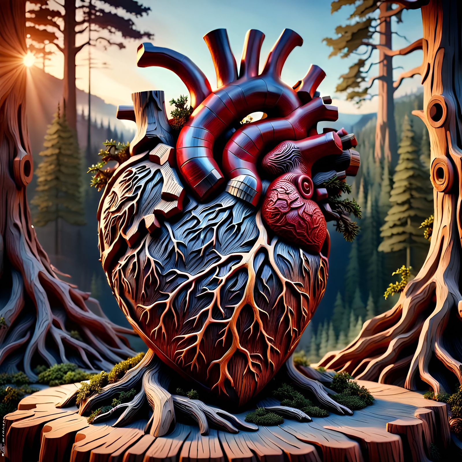 Wooden Heart Sculpture with Fantasy Landscape