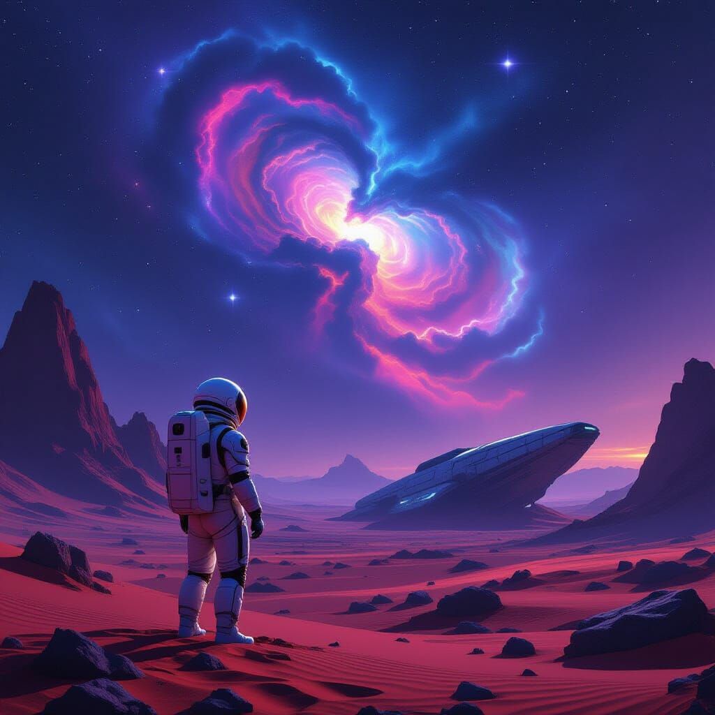 Astronaut Gazing at Bioluminescent Nebula on Alien Planet