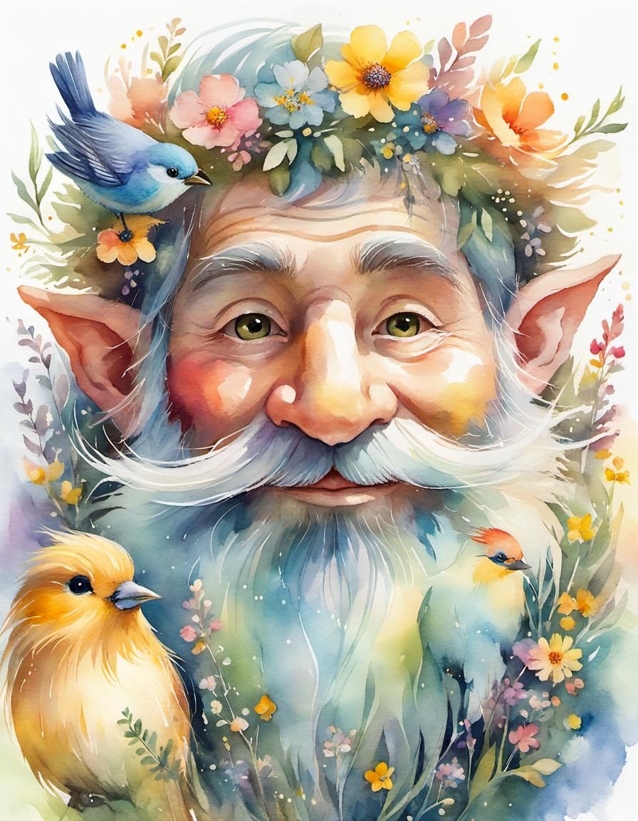 A cute little troll doll with a beard made entirely from beautiful flowing wildflowers, with colorful birds nesting in t...