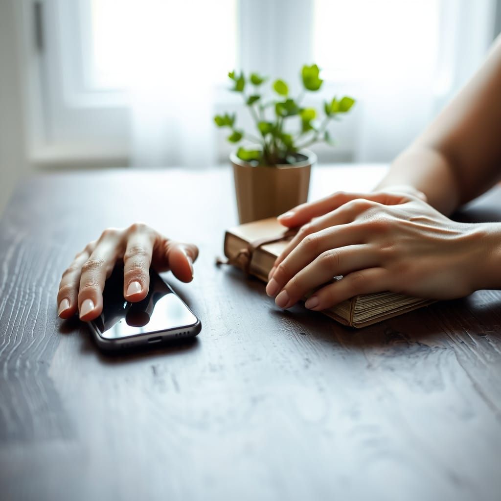 Still Life: Hands, Book, and Phone on Wood Table