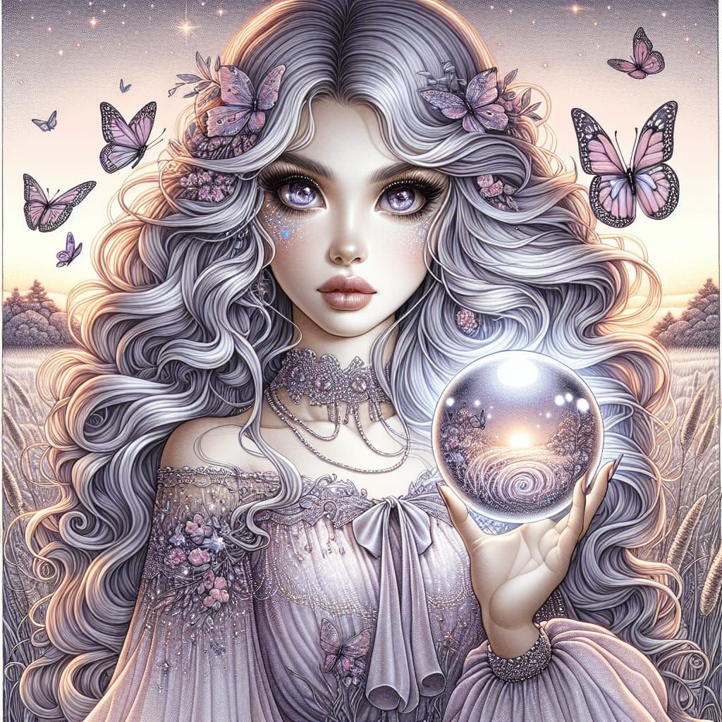 A digital illustration of a young woman with long, wavy lave...