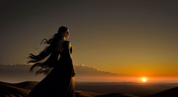 Lone Woman on Windswept Hill in Noir Style