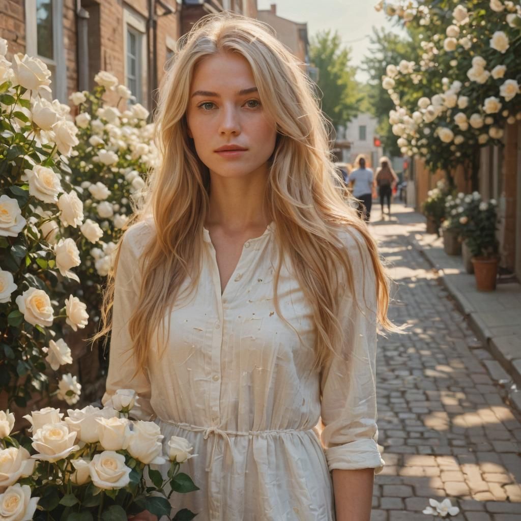 Blonde Woman in Roses: An Impasto Oil Painting