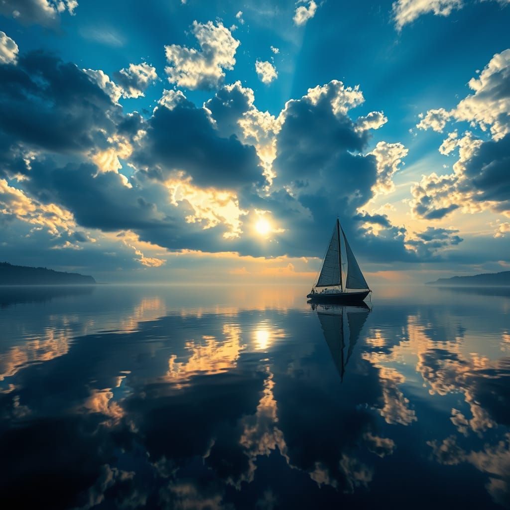 Autumn Lake Reflection with Sailing Boat in HDR