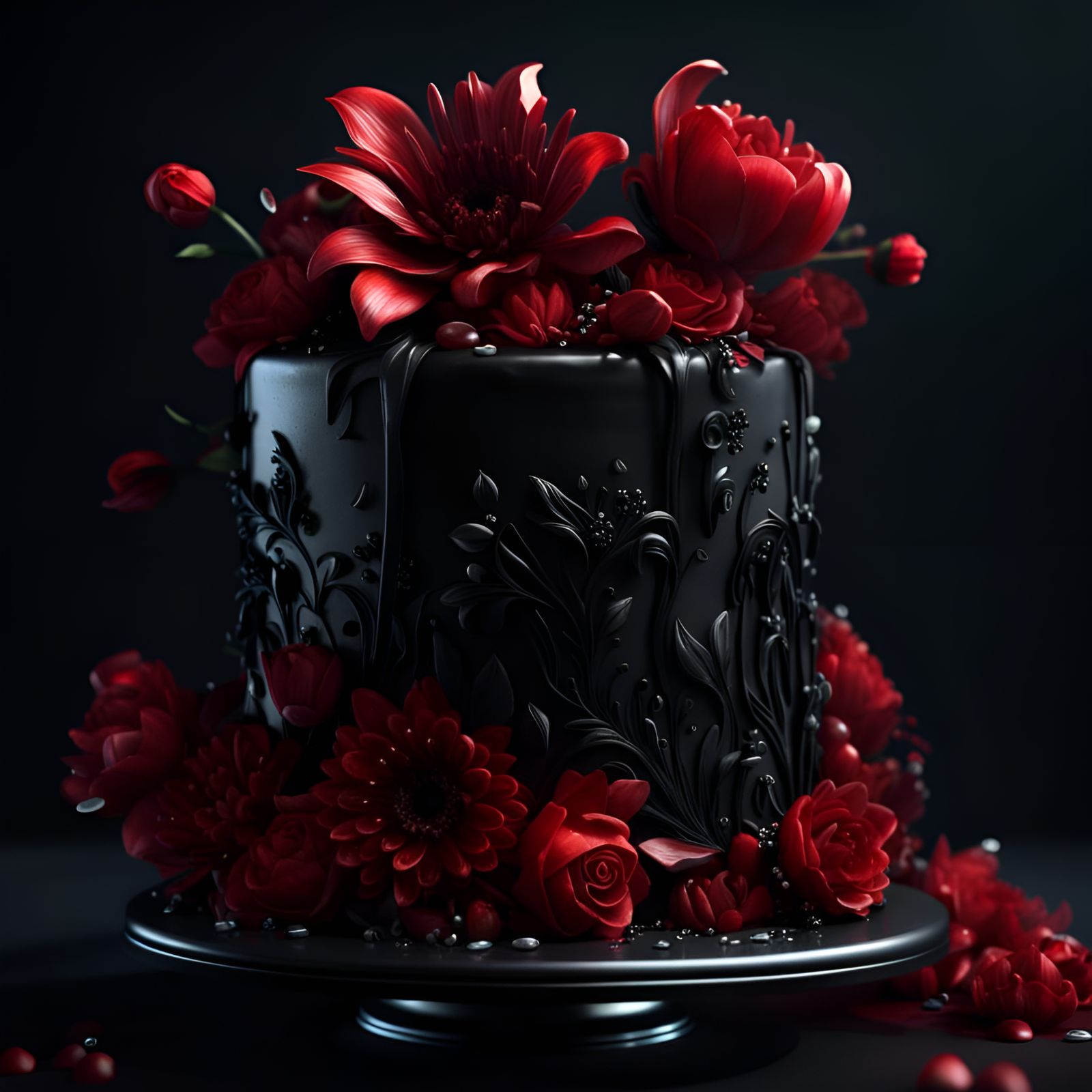Ethereal Black Wedding Cake with Flowers