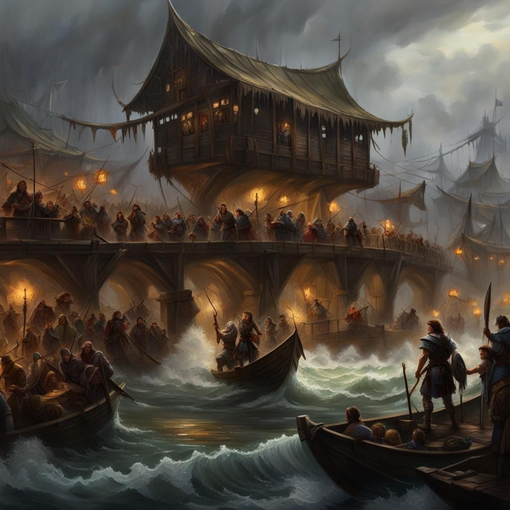 Dark Fantasy Marketplace on Raging River, Hyperdetailed Art