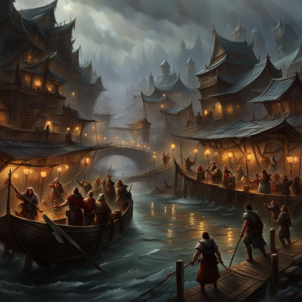 Rundown Marketplace on Bridge in Dark Fantasy Style