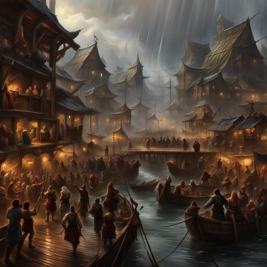 Fantasy Bridge Town Marketplace in Rain, Detailed Art