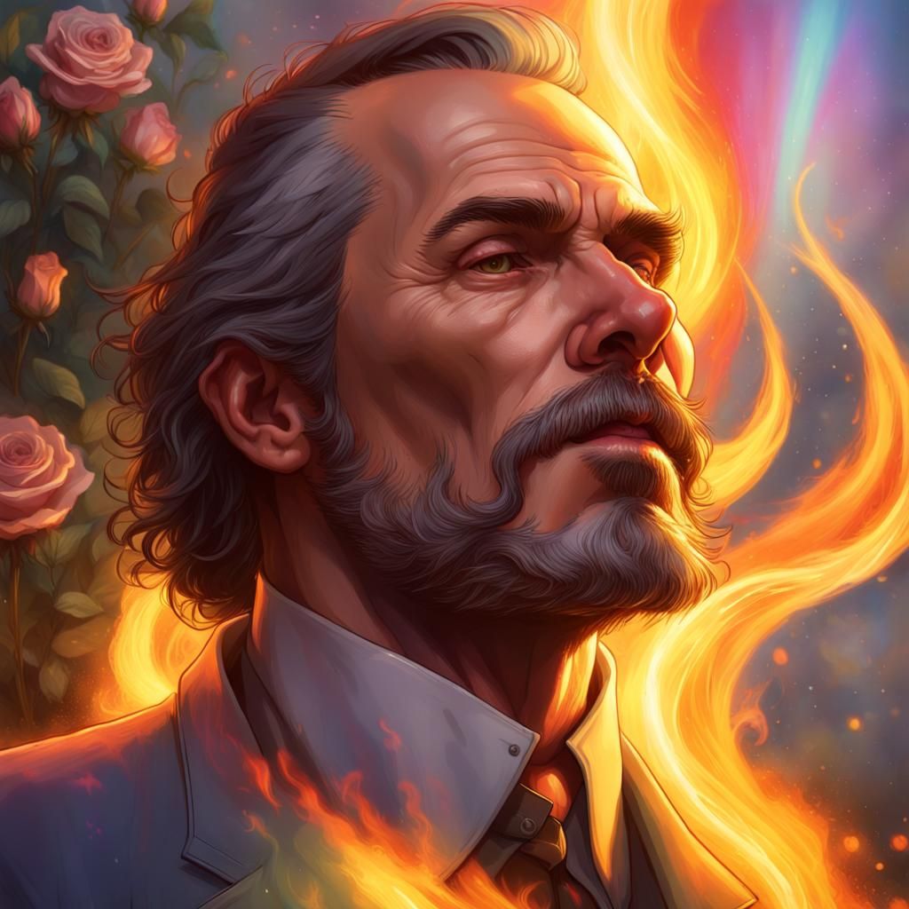 Luminous Portrait with Fire and Roses, Hyperdetailed Art
