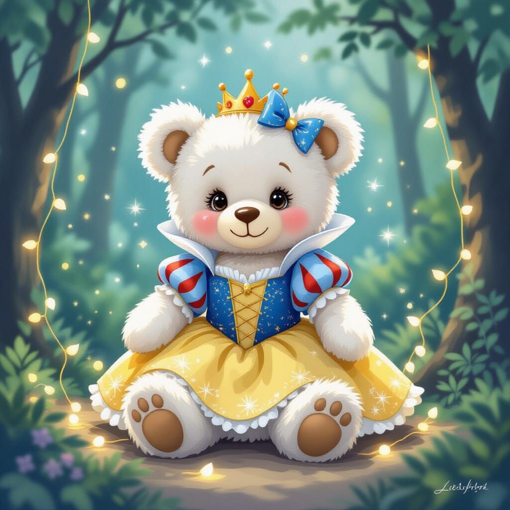 Snow White Teddy Bear in Whimsical Forest