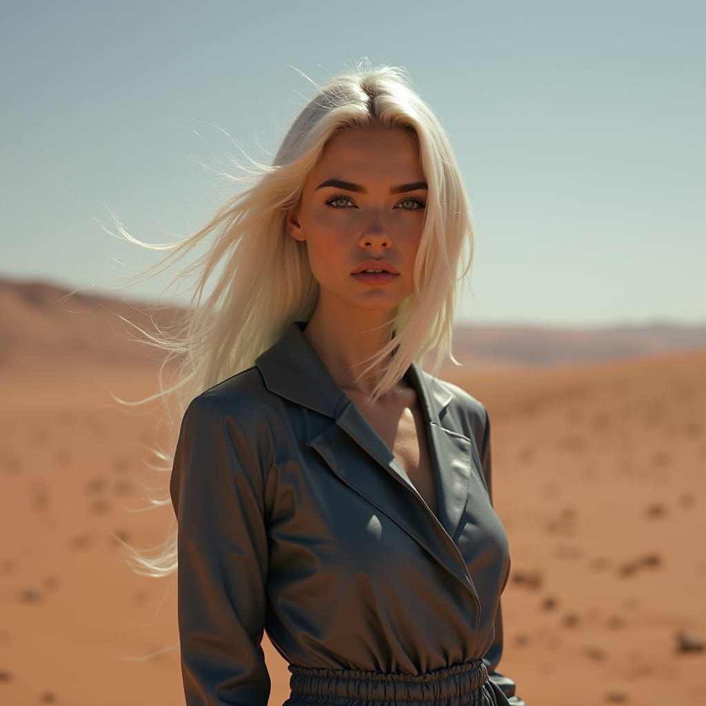 Imagine futur fashion photoshoot on Mars planet , precision in design, beauty white woman, dark grey simple and light ou...