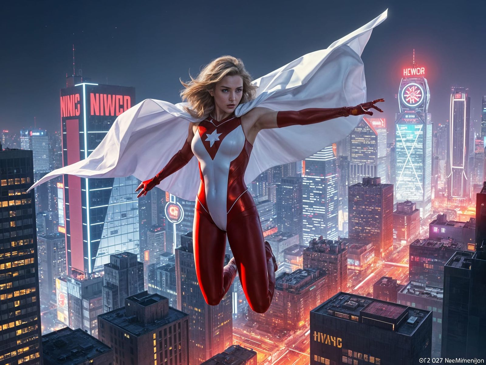 Superheroine Soaring Over Neon Cyberpunk City