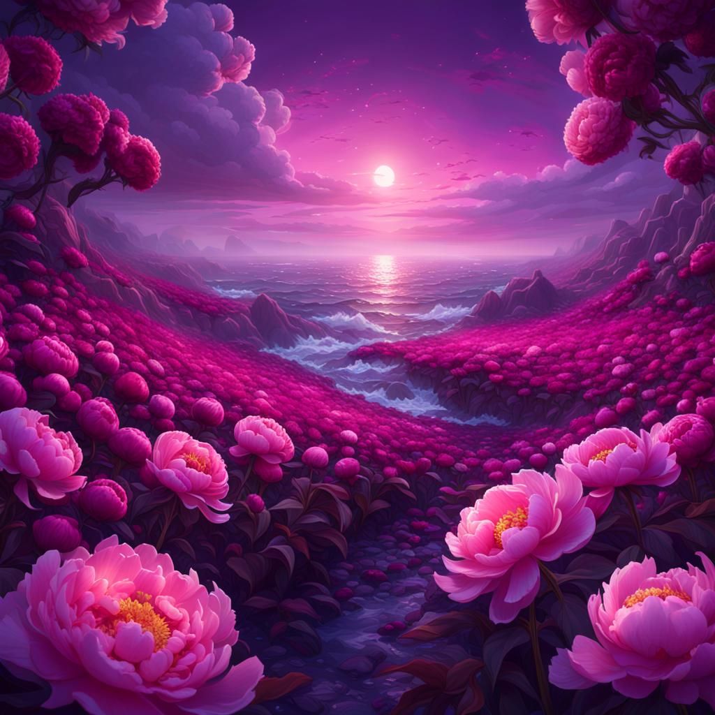 Purple Sky Illuminates a Sea of Peonies