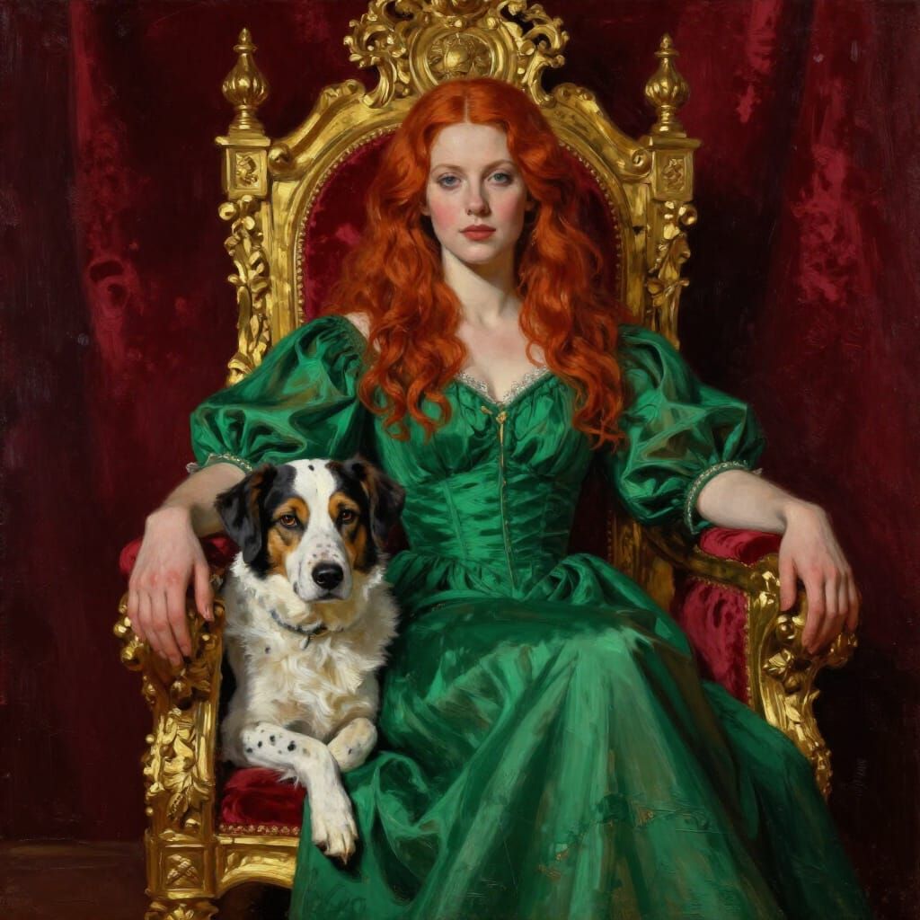 Red-Haired Queen and Dog on Throne in Dramatic Light