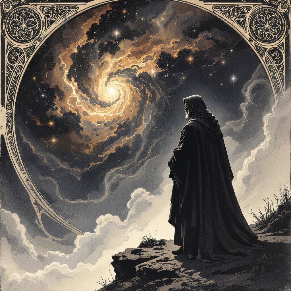 Scholar Gazes into Cosmic Abyss in Charcoal Sketch Style