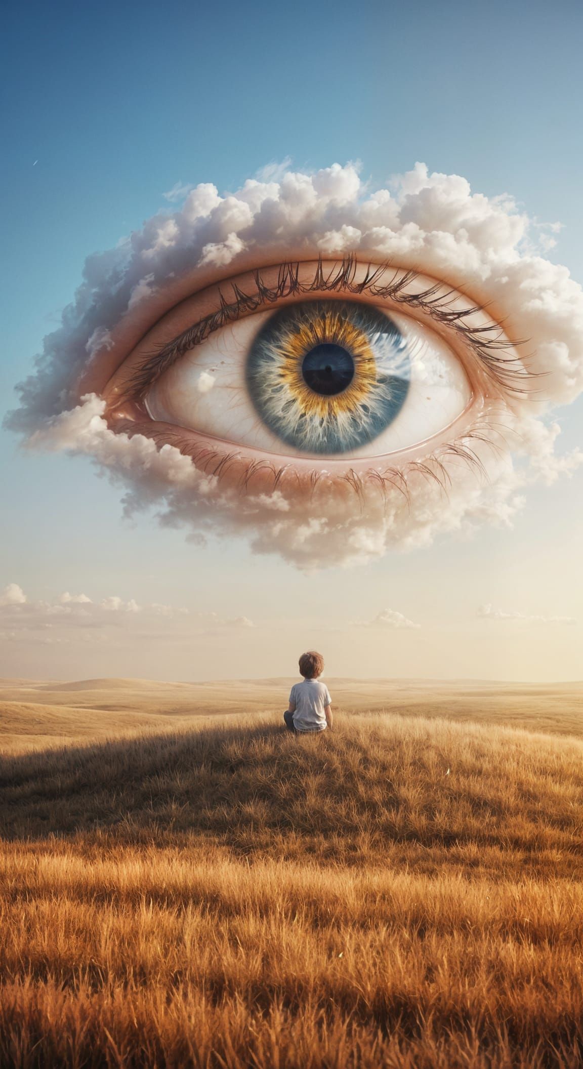 Surreal Boy Gazes at Cloud Eye in Golden Field