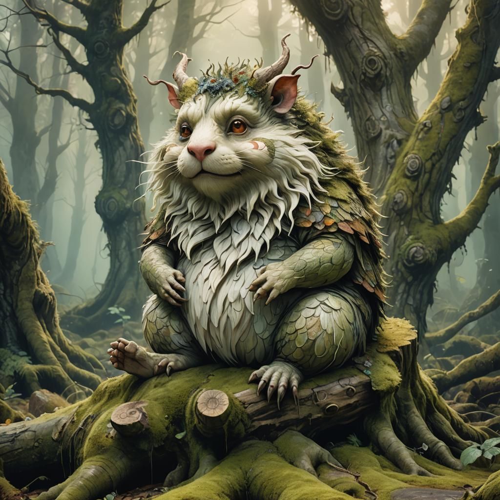 Chubby Mythical Creature in Misty Forest