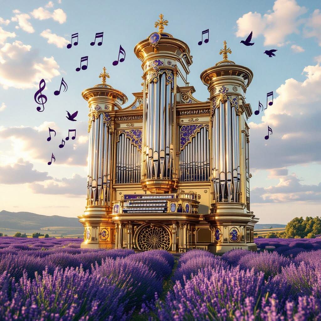 Colossal Pipe Organ in Lavender Field, Ghibli Style