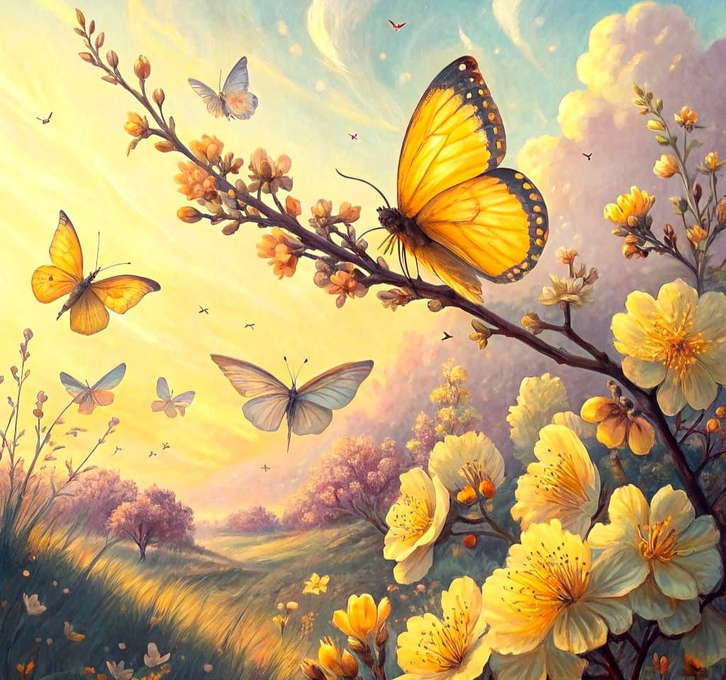 Butterflies Flutter Among Blossoms at Dawn