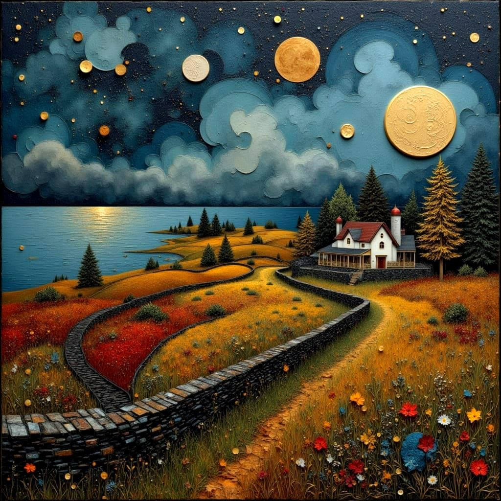 Aerial Night Meadow with Moonlit Farm and Ocean